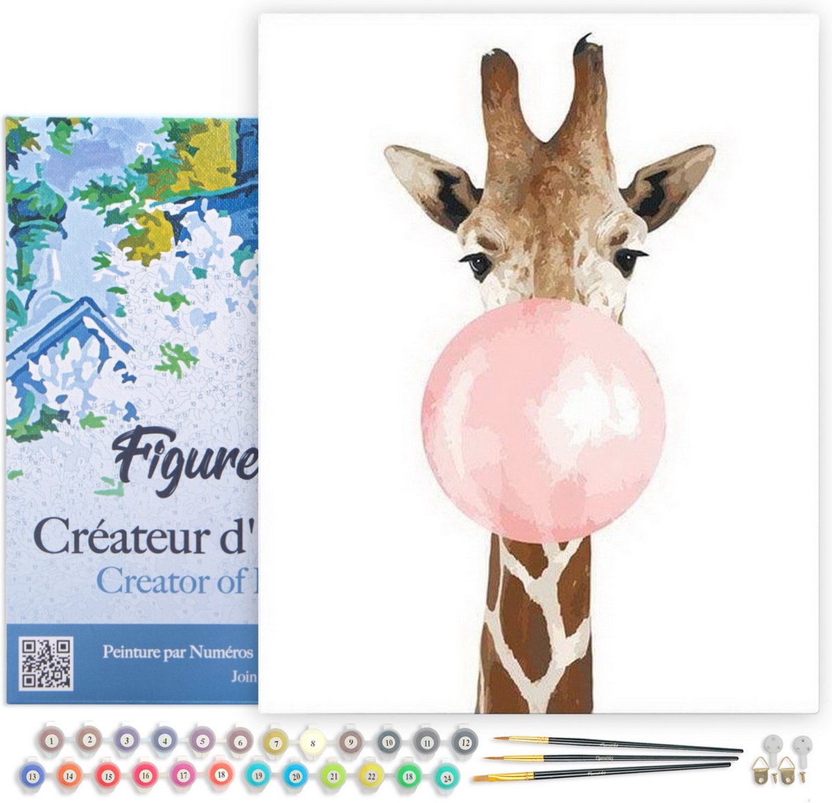 FiguredArt Schilderen op Nummer Volwassenen met lijst - Giraffe Bubbel - Handwerk acrylverf Kit DIY Compleet - 40x50cm Canvas al ingelijst